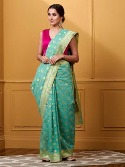 WeaverStory - Handloom Green Kora Cotton Saree and Blouse with Small Booti