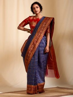 WeaverStory - Handloom Kora Silk Banarasi Saree and Blouse with Kadhiyal Border