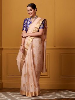WeaverStory - Handloom Soft Peach Flower Motif Mercerised Cotton Saree without Blouse