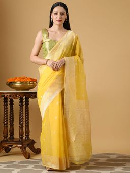 WeaverStory - Handloom Yellow Cotton Kora Banarasi Saree and Blouse