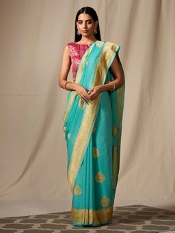 WeaverStory - Handloom Sea Blue Banarasi Georgette Saree and Blouse with Kadhwa Boota