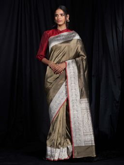 WeaverStory - Handloom Olive and Black Silk Tissue Saree and Blouse with Red Selvedge