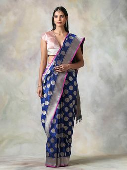 WeaverStory - Blue Floral Saree With Unstitched Blouse