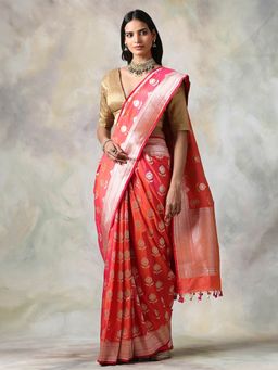 WeaverStory - Pink Floral Saree With Unstitched Blouse