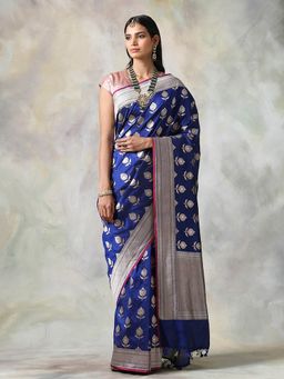 WeaverStory - Blue Floral Saree With Unstitched Blouse