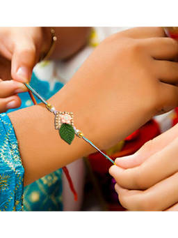 Silvermerc Designs - Green & Gold Beads Designer Bhaiya Bhabhi Rakhi Combo Set