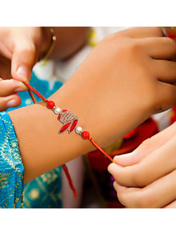 Silvermerc Designs - Thread Work Red & Gold Designer Bhai Bhabhi Rakhi & Lumba Set
