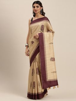 Soch - Beige Silk Blend Printed Saree with Unstitched Blouse