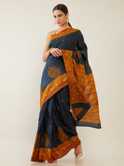Soch - Printed Blue Saree with Unstitched Blouse