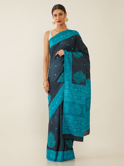 Soch - Printed Blue Saree with Unstitched Blouse