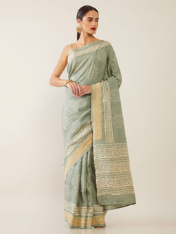 Soch - Printed Green Saree with Unstitched Blouse