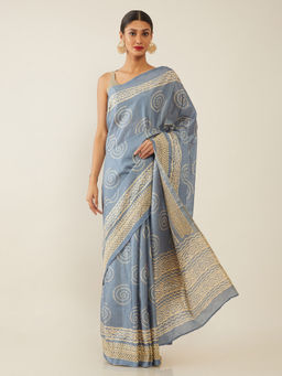 Soch - Printed Blue Saree with Unstitched Blouse