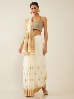 Soch - Embroidered Cream Saree with Unstitched Blouse