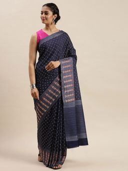Soch - Navy Blue Embroidered Sarees with Unstitched Blouse