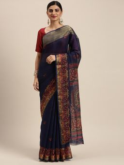 Soch - Navy Blue Pure Cotton Printed Saree with Unstitched Blouse