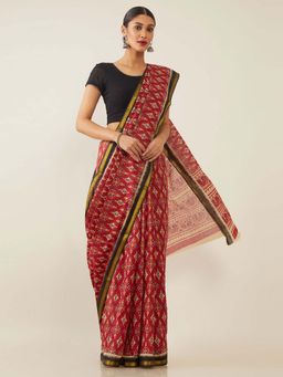 Soch - Maroon Pure Cotton Ikat Printed Saree with Unstitched Blouse