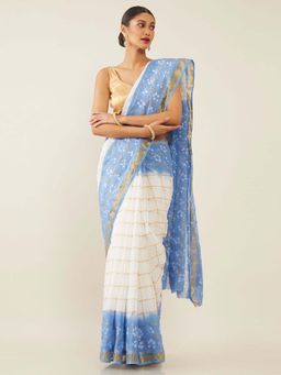 Soch - Blue Pure Cotton Bandhani Printed Saree with Unstitched Blouse