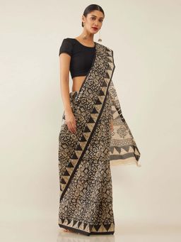 Soch - Black Pure Cotton Block Printed Saree with Unstitched Blouse