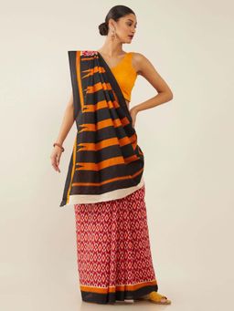 Soch - Red Pure Cotton Ikat Printed Saree with Unstitched Blouse