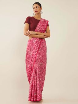 Soch - Pink Pure Cotton Block Printed Saree with Unstitched Blouse