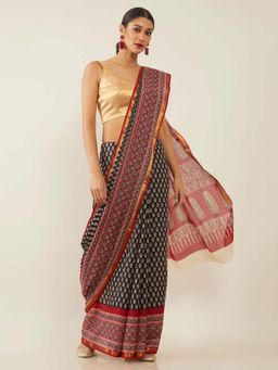 Soch - Black Pure Cotton Ikat Printed Saree with Unstitched Blouse