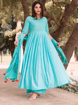 Lavanya The Label - Sky Blue Round Neck Kurta With Palazzo & Dupatta (Set of 3)