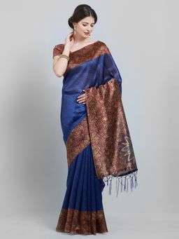 Sareemall - Navy Blue Printed Saree With Unstitched Blouse