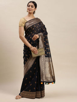 Soch - Navy Blue Handloom Sarees with Unstitched Blouse