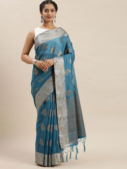 Soch - Blue Handloom Sarees with Unstitched Blouse