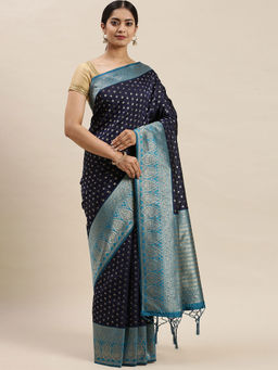 Soch - Navy Blue Handloom Sarees with Unstitched Blouse