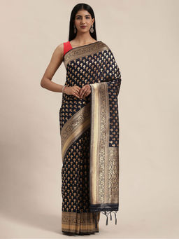 Soch - Navy Blue Art Silk Woven Design Saree With Unstitched Blouse