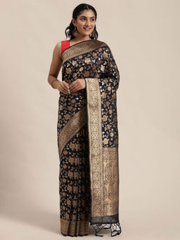 Soch - Navy Blue Art Silk Woven Design Saree With Unstitched Blouse