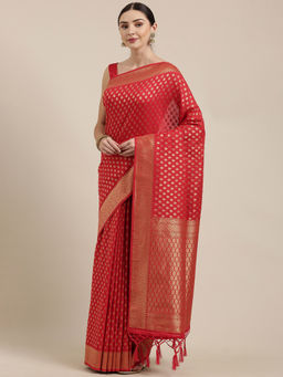 Soch - Red Liva Woven Design Saree with Unstitched Blouse
