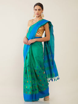 Soch - Embroidered Green Saree with Unstitched Blouse