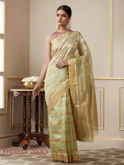 WeaverStory - Handloom Pistachio Olive Chevron Chanderi Saree without Blouse