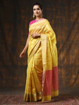 WeaverStory - Handloom Yellow Chanderi Silk Jaal with Contrast Pallu Saree with Blouse