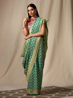 WeaverStory - Handloom Banarasi Georgette Jaal In Green with Gold Zari Jaal Saree with Blouse