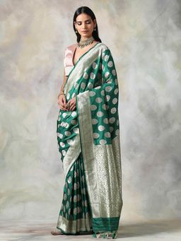 WeaverStory - Green Floral Saree With Unstitched Blouse