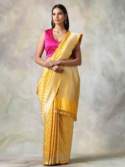 WeaverStory - Yellow Floral Saree With Unstitched Blouse