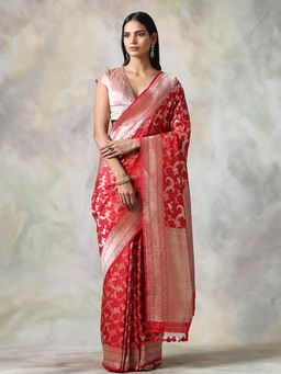 WeaverStory - Red Floral Saree With Unstitched Blouse