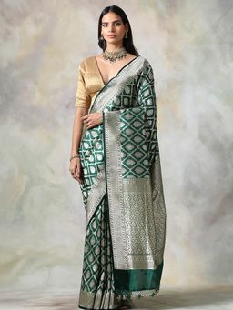 WeaverStory - Green Floral Saree With Unstitched Blouse