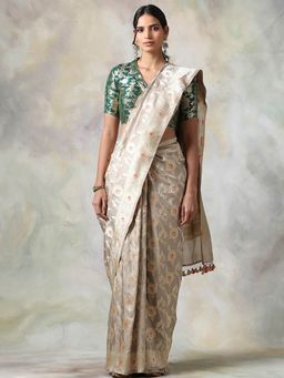 WeaverStory - Grey Floral Saree With Unstitched Blouse