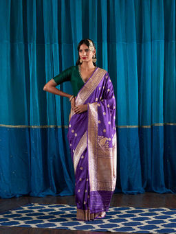 WeaverStory - Handwoven Purple Chand Boota Saree With Unstitched Blouse