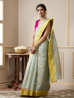 WeaverStory - Handloom Duck Egg Blue Chanderi Silk Saree with Yellow Mushroo Borders without Blouse