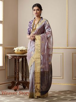 WeaverStory - Handloom Grey Dual Tone Chanderi Silk Saree with Mughal Motif without Blouse