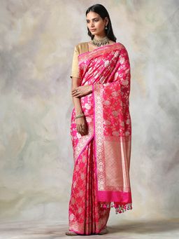 WeaverStory - Pink Floral Saree With Unstitched Blouse