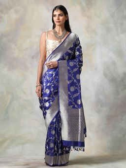 WeaverStory - Blue Floral Saree With Unstitched Blouse