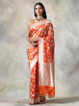 WeaverStory - Orange Floral Saree With Unstitched Blouse