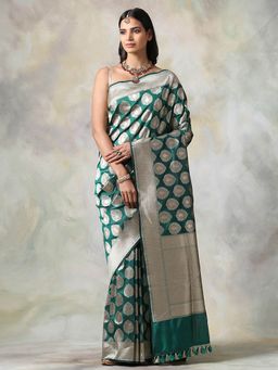 WeaverStory - Green Floral Saree With Unstitched Blouse