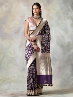 WeaverStory - Purple Floral Saree With Unstitched Blouse